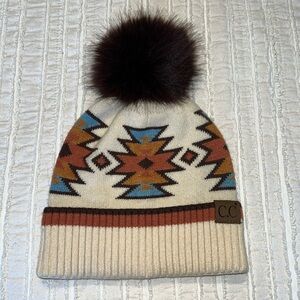 C.C Beanie Southwestern Faux Fur Pom